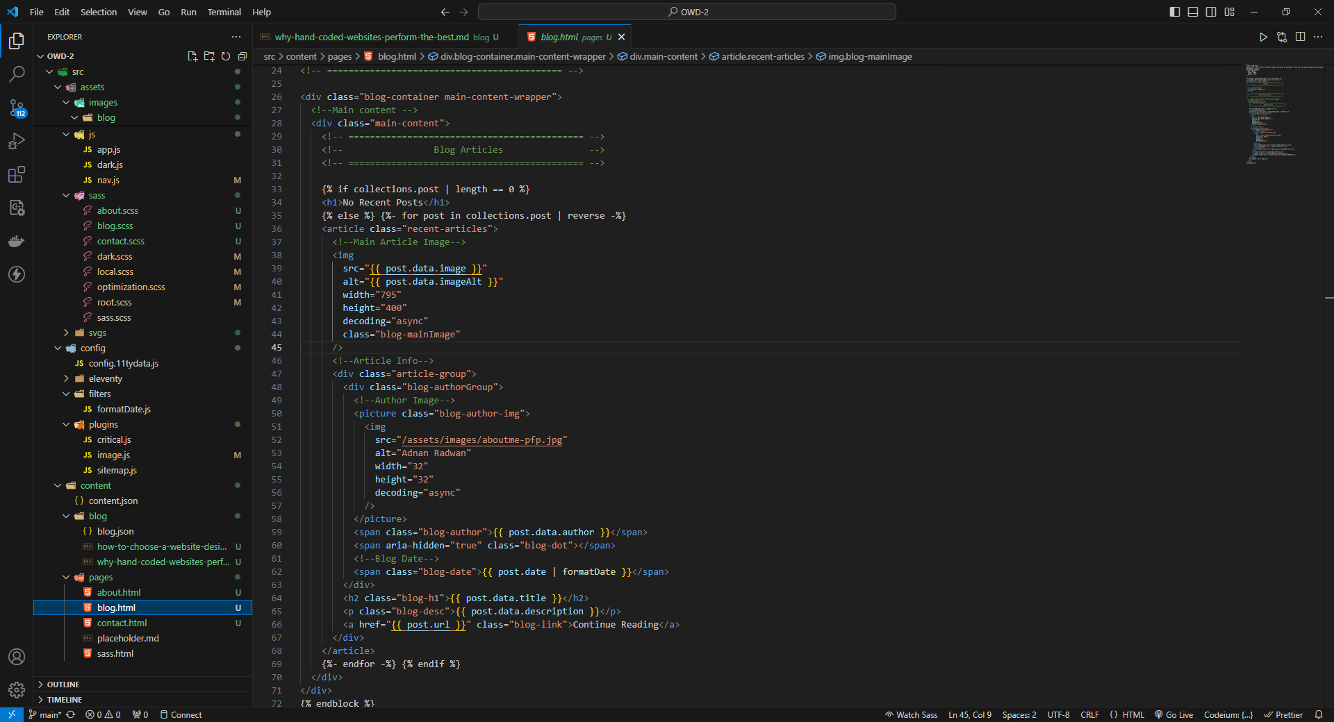 VS code screenshot of website being hand-coded